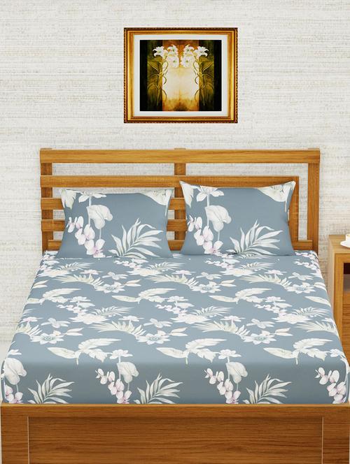 kopa extra smooth micro double bedsheet with 2 pillow covers -3pc set (envogue) floral-steel grey - 18362926 - Very Small Image - 1