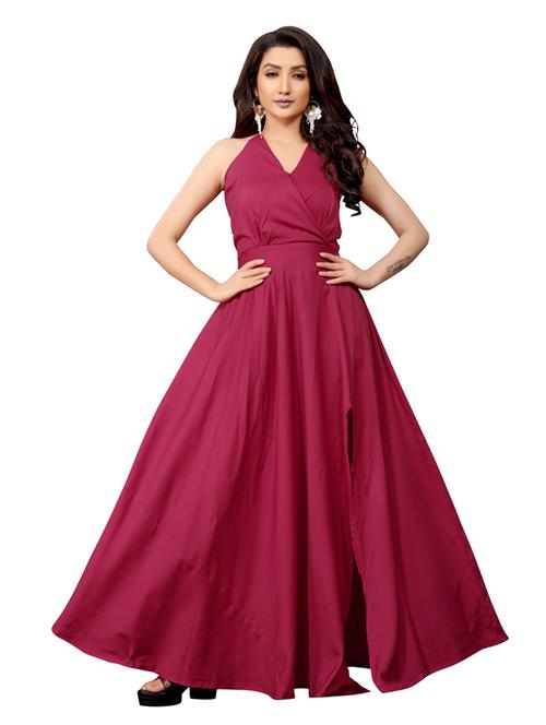 halter neck solid high slit gown - 18363099 - Very Small Image - 1