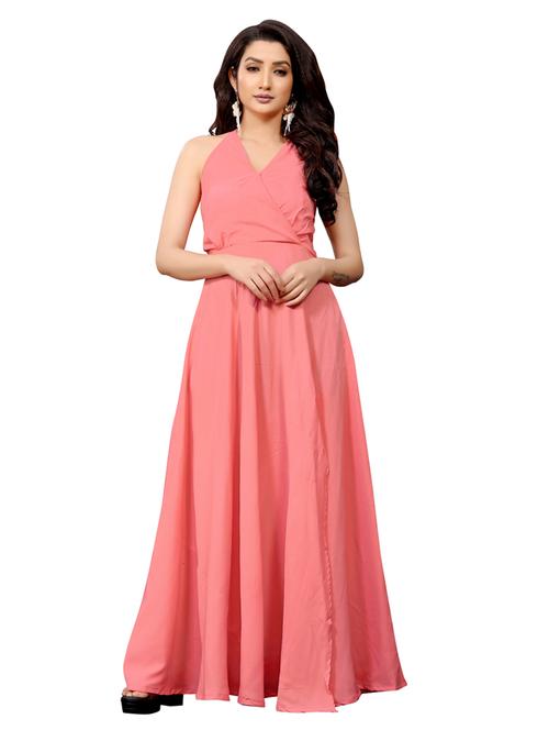halter neck solid high slit gown - 18363101 - Very Small Image - 1