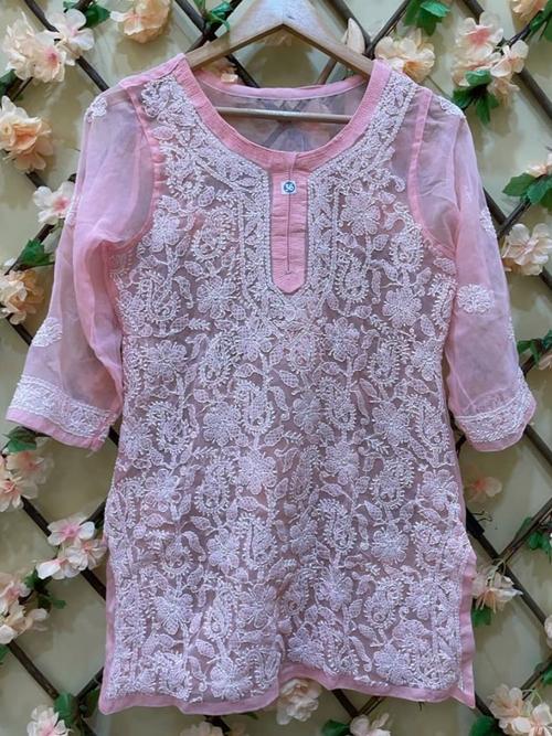 ladies georgette short sleeve kurti pink - 18366308 - Very Small Image - 1