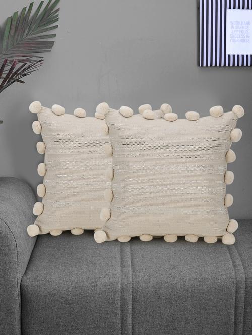 mezposh dazzle cream & silver cotton lurex striped cushion cover with pompoms (16x16in) (set of 2) - 18369279 - Very Small Image - 1