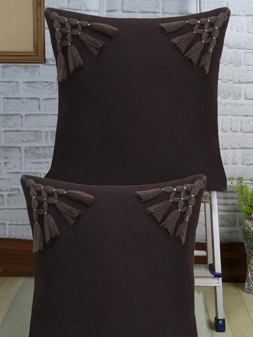 mezposh motley chocolate brown pure wool solid self design tasselled cushion cover (16"x16") (set of 2) - 18369291 - Very Small Image - 1