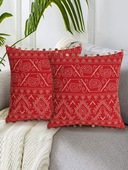 mezposh tribal red & gold cotton jacquard ethnic motifs embellished cushion cover (16"x16") (set of 2) - 18369316 - Very Small Image - 1