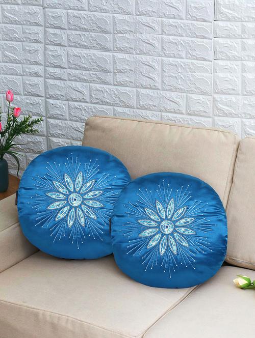 mezposh dazzle royal blue & white floral mandala embellished satin cushion covers (16") set of 2 - 18369382 - Very Small Image - 1
