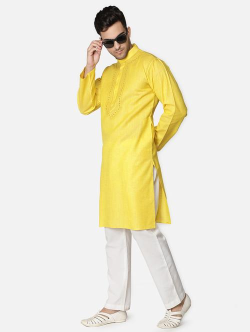 yellow neck embroidered long kurta - 18371552 - Very Small Image - 1