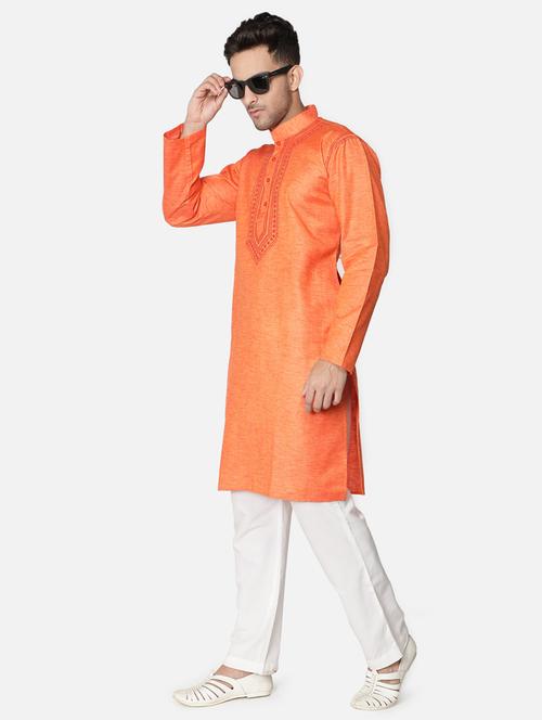 orange neck embroidered long kurta - 18371556 - Very Small Image - 1