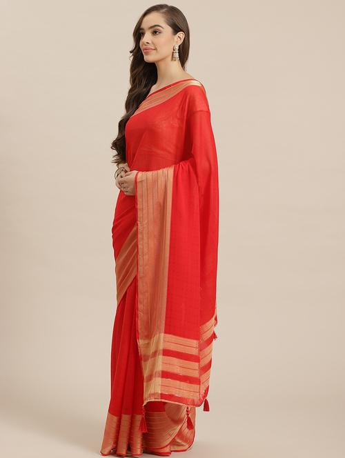 red plain saree with blouse - 18371846 - Very Small Image - 1