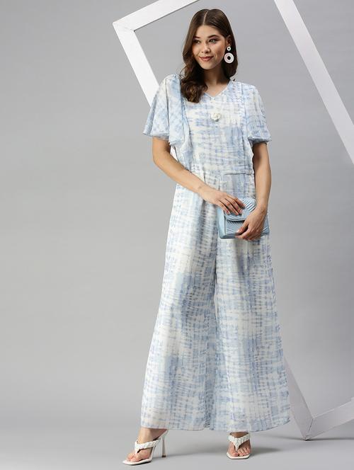 v-neck printed full leg jumpsuit - 18372219 - Very Small Image - 1