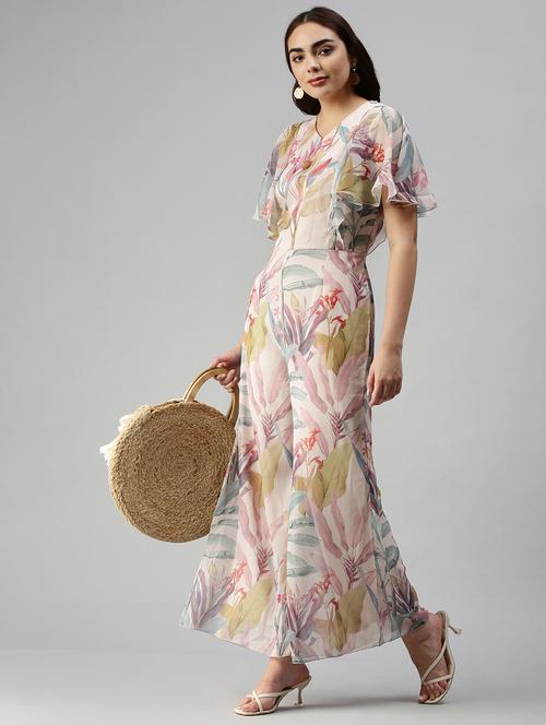 v-neck printed full leg jumpsuit - 18372220 - Very Small Image - 1
