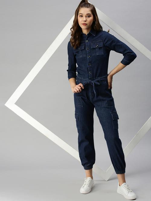 tie front solid denim jumpsuit - 18372224 - Very Small Image - 1