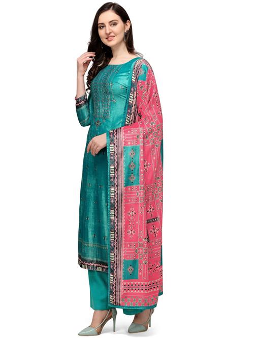 sky blue velvet unstitched suit - 18372559 - Very Small Image - 1