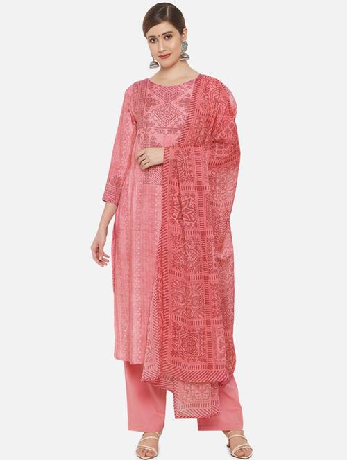 pink cotton unstitched suit - 18372621 - Very Small Image - 1