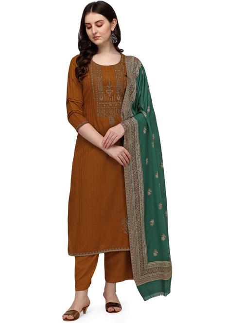 brown viscose unstitched suit - 18372661 - Very Small Image - 1