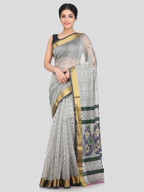 grey cotton silk handloom saree with blouse - 18373441 - Very Small Image - 1