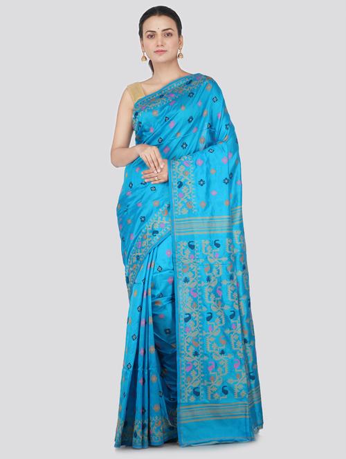 turquoise silk jamdani saree with blouse - 18373467 - Very Small Image - 1
