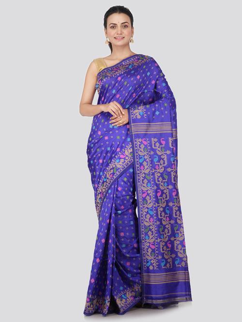 blue silk jamdani saree with blouse - 18373470 - Very Small Image - 1