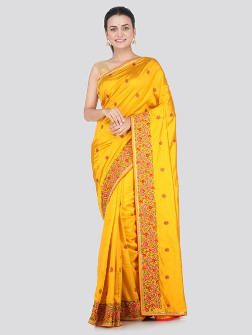 yellow silk embroidered saree - 18373476 - Very Small Image - 1