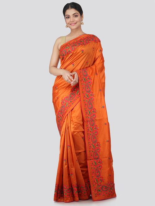 orange silk embroidered saree with blouse - 18373487 - Very Small Image - 1