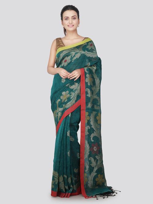 green linen jamdani saree - 18373496 - Very Small Image - 1