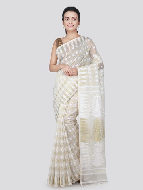 white cotton jamdani saree with blouse - 18373500 - Very Small Image - 1