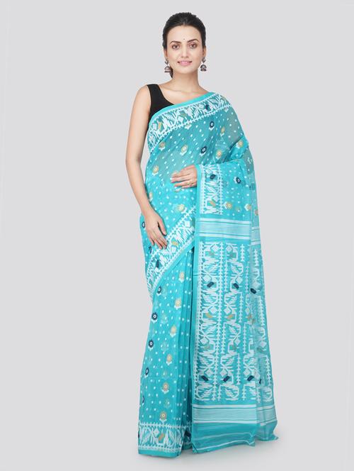 turquoise cotton jamdani saree with blouse - 18373507 - Very Small Image - 1