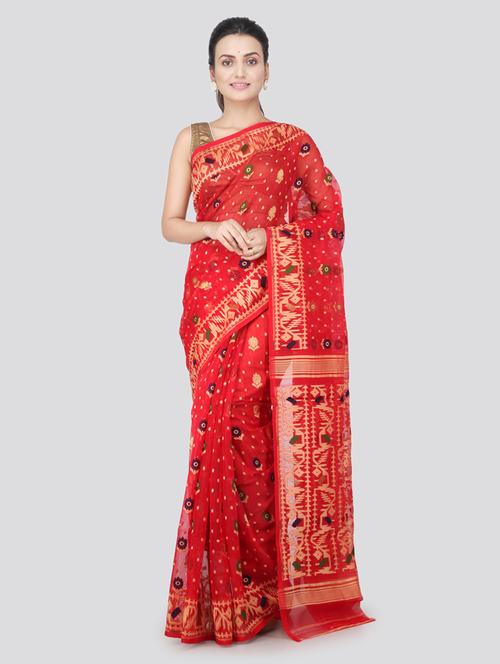 red cotton handloom saree with blouse - 18373508 - Very Small Image - 1