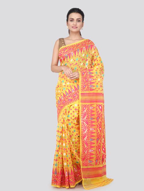 yellow cotton jamdani saree - 18373510 - Very Small Image - 1