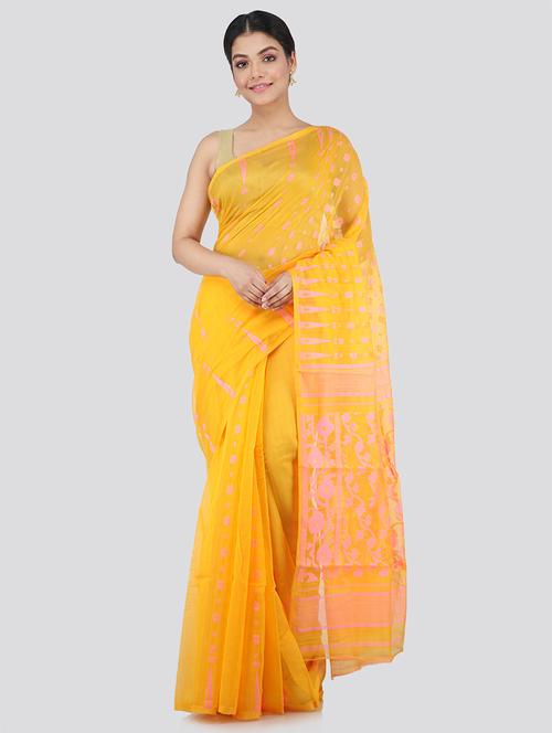 yellow cotton blend jamdani saree - 18373536 - Very Small Image - 1