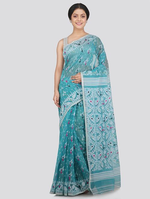 turquoise cotton jamdani saree - 18373554 - Very Small Image - 1