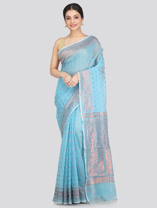 turquoise cotton blend jamdani saree - 18373556 - Very Small Image - 1