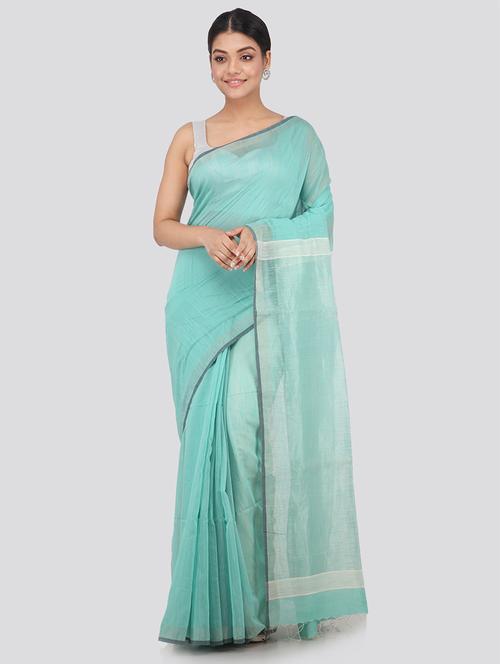 turquoise silk blend handloom saree with blouse - 18373567 - Very Small Image - 1