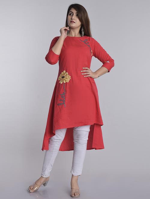 red embroidered high-low kurta - 18375984 - Very Small Image - 1