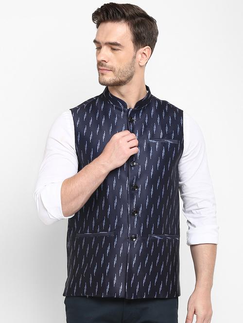 navy blue printed nehru jacket - 18377251 - Very Small Image - 1