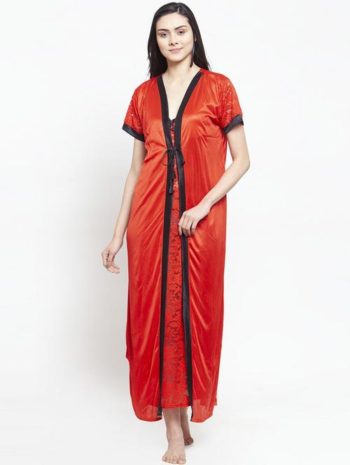 tie front solid robe with nighty set - 18377574 - Very Small Image - 1
