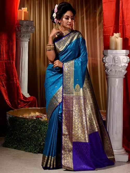blue silk blend banarasi saree with blouse - 18378159 - Very Small Image - 1