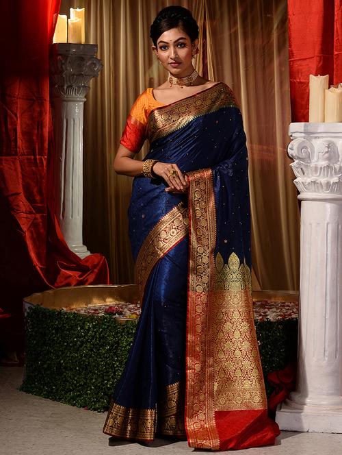 navy silk blend banarasi saree with blouse - 18378164 - Very Small Image - 1