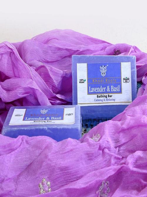 khadi roots natural handmade soap | lavender basil bathing bar | calming & relaxing | pack of 2 - 18378201 - Very Small Image - 1