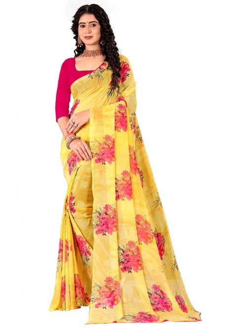yellow georgette printed saree with blouse - 18379321 - Very Small Image - 1