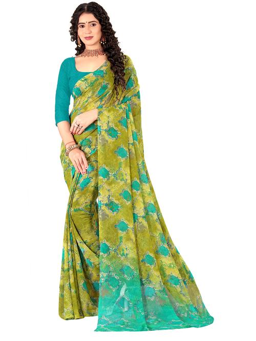 green georgette printed saree with blouse - 18379322 - Very Small Image - 1