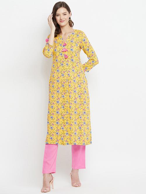 yellow rayon straight kurta - 18381010 - Very Small Image - 1