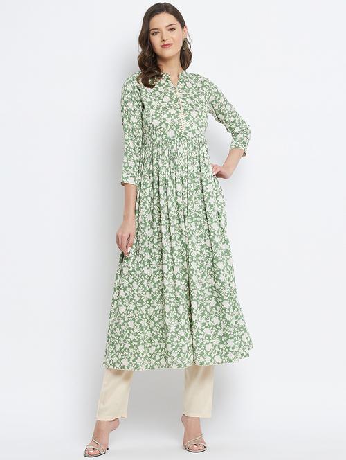green rayon aline kurta - 18381018 - Very Small Image - 1
