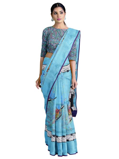 blue silk blend handloom saree with blouse - 18381351 - Very Small Image - 1