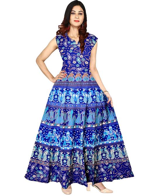 vastravilla women's cotton febric printed sleeveless maxi { jaipuri dress) free size adjust with belt - 18381380 - Very Small Image - 1