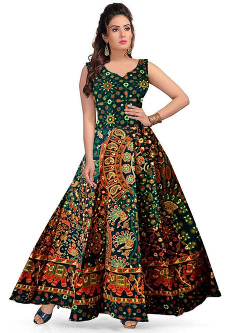 vastravilla women's cotton febric printed sleeveless maxi { jaipuri dress) free size adjust with belt - 18381385 - Very Small Image - 1