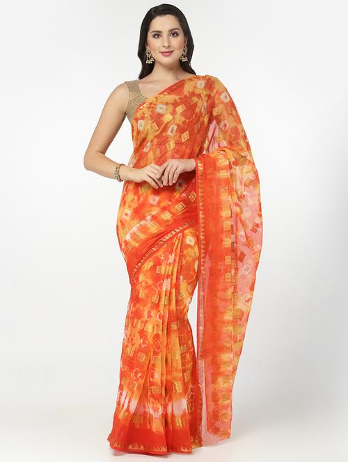 orange tie & dye saree with blouse - 18382748 - Very Small Image - 1