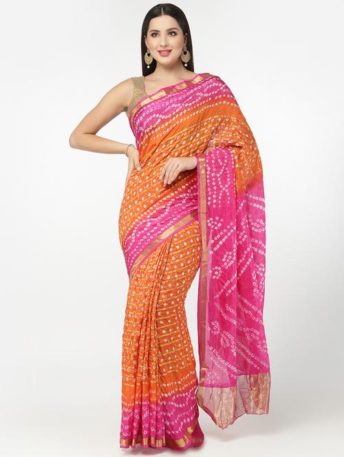 orange bandhani saree with blouse - 18382749 - Very Small Image - 1