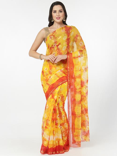 yellow tie & dye saree with blouse - 18382769 - Very Small Image - 1