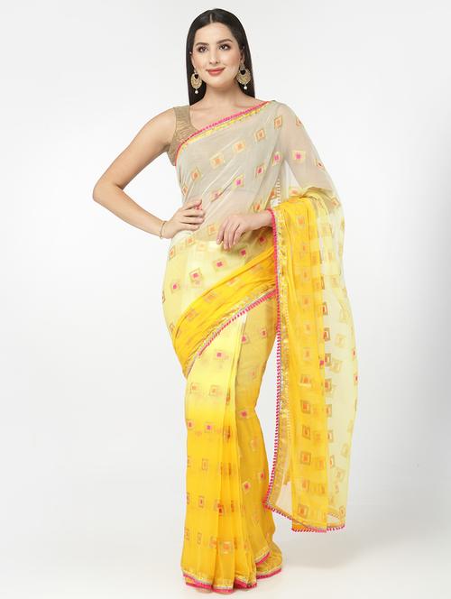 yellow bandhani saree with blouse - 18382808 - Very Small Image - 1