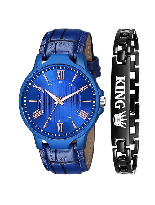 kajaru new fancy stylish - blue leather strap & black king bracelet combo watch - 18384179 - Very Small Image - 1