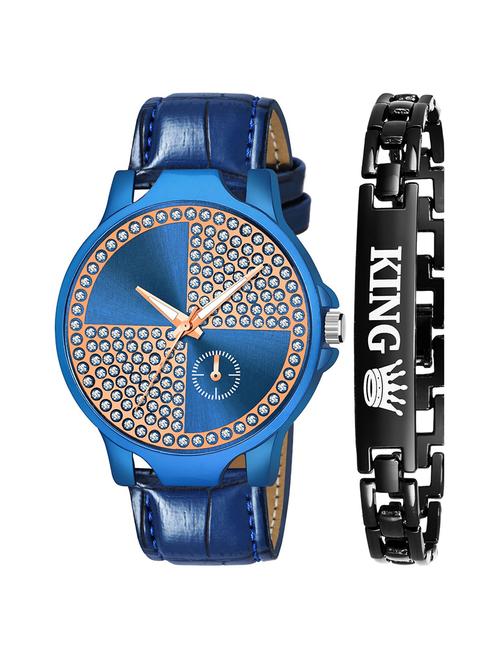 kajaru new fancy stylish - blue leather strap & black king bracelet combo watch - 18384195 - Very Small Image - 1